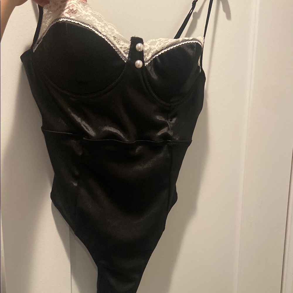 Black Satin Bodysuit with Lace Trim